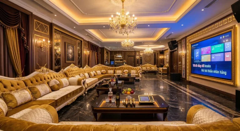 다낭 가라오케 VIP룸의 어두운 대리석 바닥과 화려한 샹들리에, 황금색 대형 소파가 있는 고급스러운 내부 인테리어