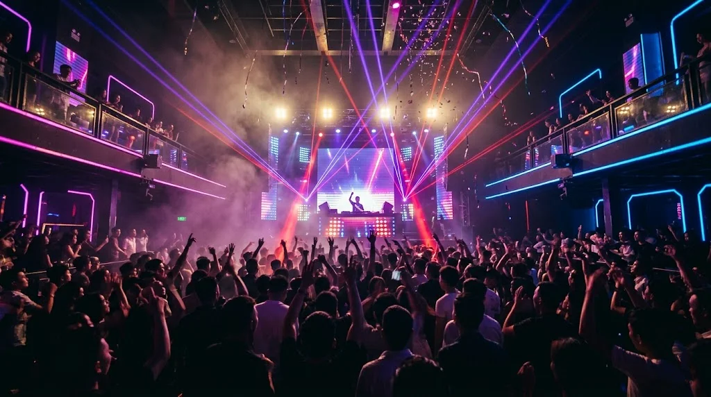다낭 대형 클럽 LED 무대와 댄스플로어 야경 - 레이저 조명과 군중
