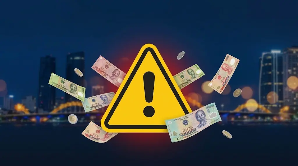 다낭 밤문화 바가지 사기 경고 - 노란 경고 표시와 베트남 동 지폐 위 다낭 야경 배경